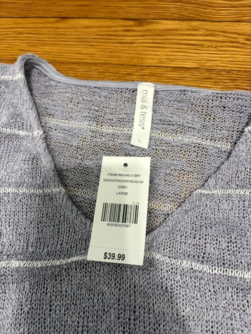 Mia & Tess Womens Sweater Sz Large Gray Striped Woven Open-Knit Top NWT $40